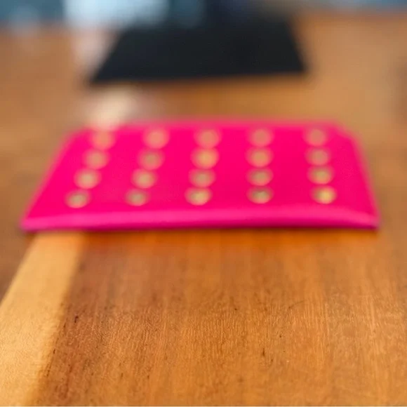 J.Crew Barbiecore Hot Pink Studded Leather Card Case & Key Ring (EUC) - Picture 7 of 9